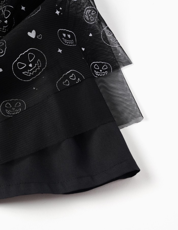 Dual-fabric dress with glittering pumpkin motif for baby girls, black