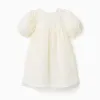 Dress with balloon sleeves and 3D flowers for baby girls, white