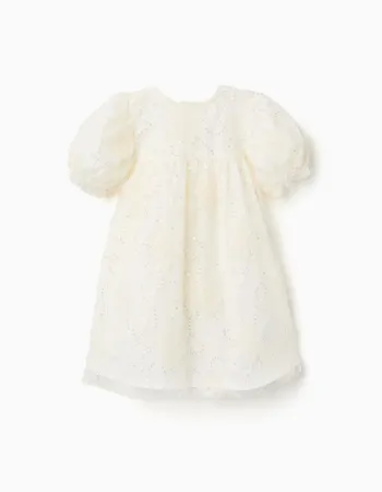 Dress with balloon sleeves and 3D flowers for baby girls, white
