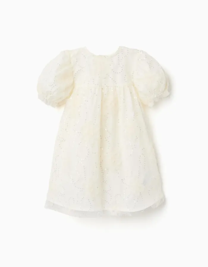 Dress with balloon sleeves and 3D flowers for baby girls, white