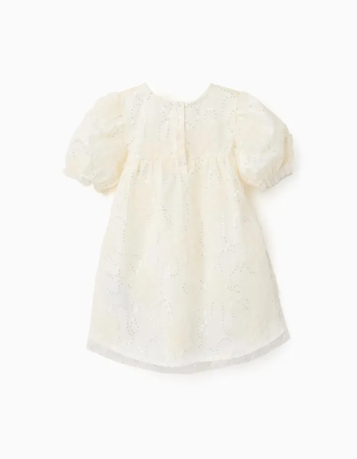 Dress with balloon sleeves and 3D flowers for baby girls, white