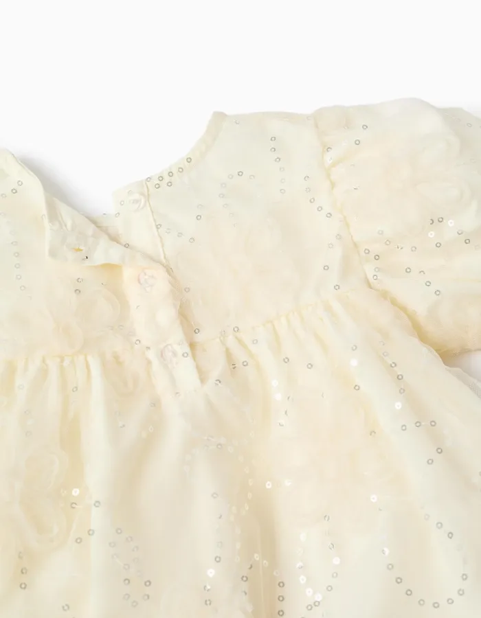 Dress with balloon sleeves and 3D flowers for baby girls, white