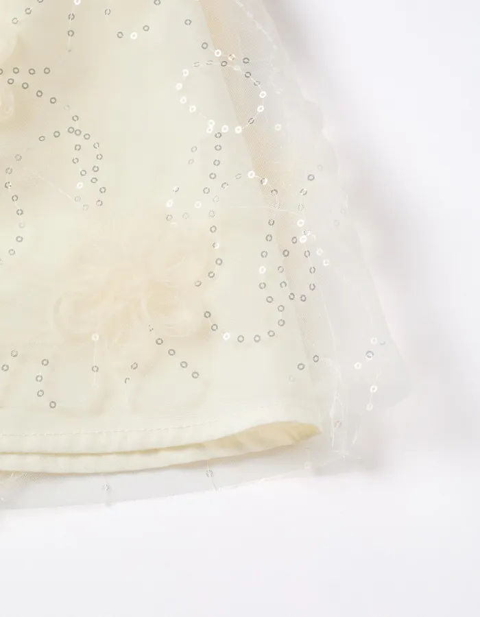 Dress with balloon sleeves and 3D flowers for baby girls, white