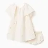 Dress with floral appliqué + bloomers for newborn and baby girls, beige
