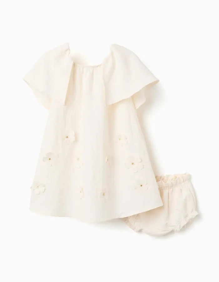 Dress with floral appliqué + bloomers for newborn and baby girls, beige