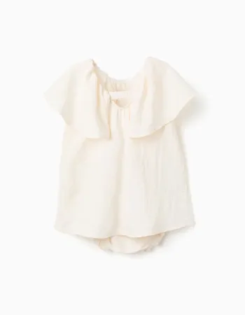 Dress with floral appliqué + bloomers for newborn and baby girls, beige