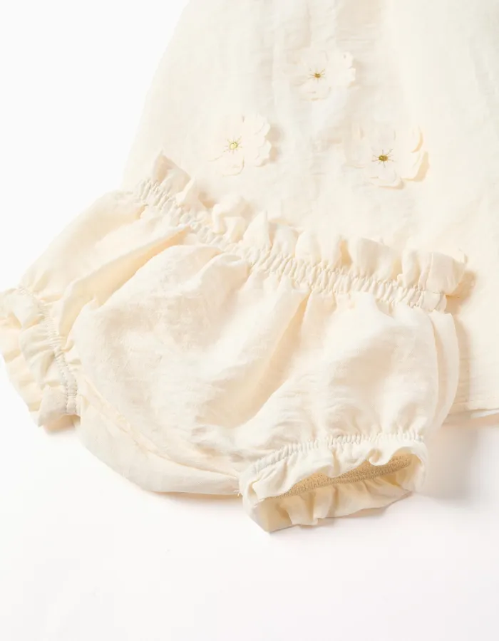 Dress with floral appliqué + bloomers for newborn and baby girls, beige