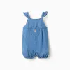 Sleeveless denim jumpsuit with embroidered flower for baby girl, blue