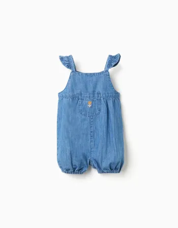Sleeveless denim jumpsuit with embroidered flower for baby girl, blue