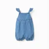 Sleeveless denim jumpsuit with embroidered flower for baby girl, blue