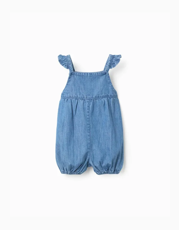 Sleeveless denim jumpsuit with embroidered flower for baby girl, blue