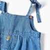 Sleeveless denim jumpsuit with embroidered flower for baby girl, blue