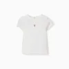 Ribbed T-shirt with embroidered flower for baby girls, white
