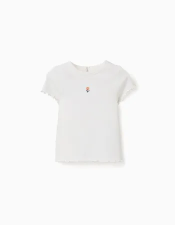 Ribbed T-shirt with embroidered flower for baby girls, white