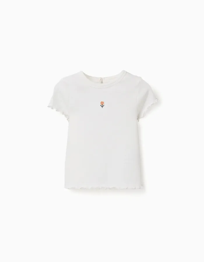Ribbed T-shirt with embroidered flower for baby girls, white