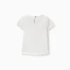 Ribbed T-shirt with embroidered flower for baby girls, white