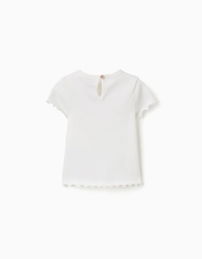 Ribbed T-shirt with embroidered flower for baby girls, white