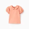 Cotton T-shirt with embroidered flowers for baby girls, salmon orange