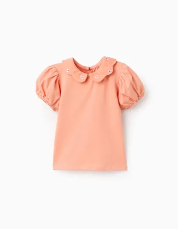 Cotton T-shirt with embroidered flowers for baby girls, salmon orange