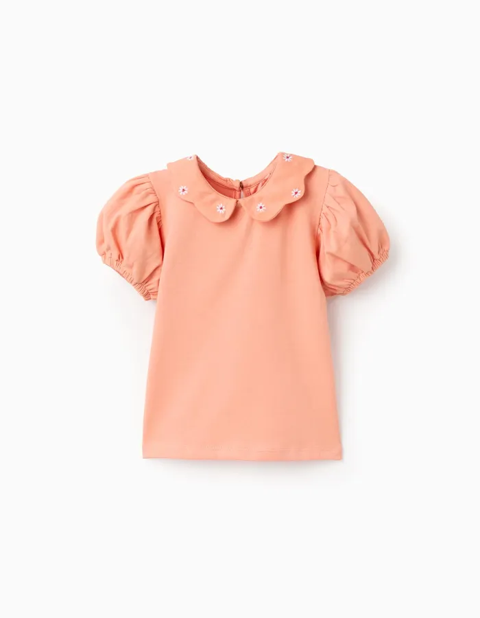 Cotton T-shirt with embroidered flowers for baby girls, salmon orange