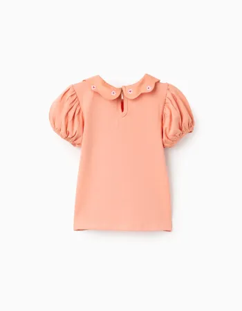 Cotton T-shirt with embroidered flowers for baby girls, salmon orange