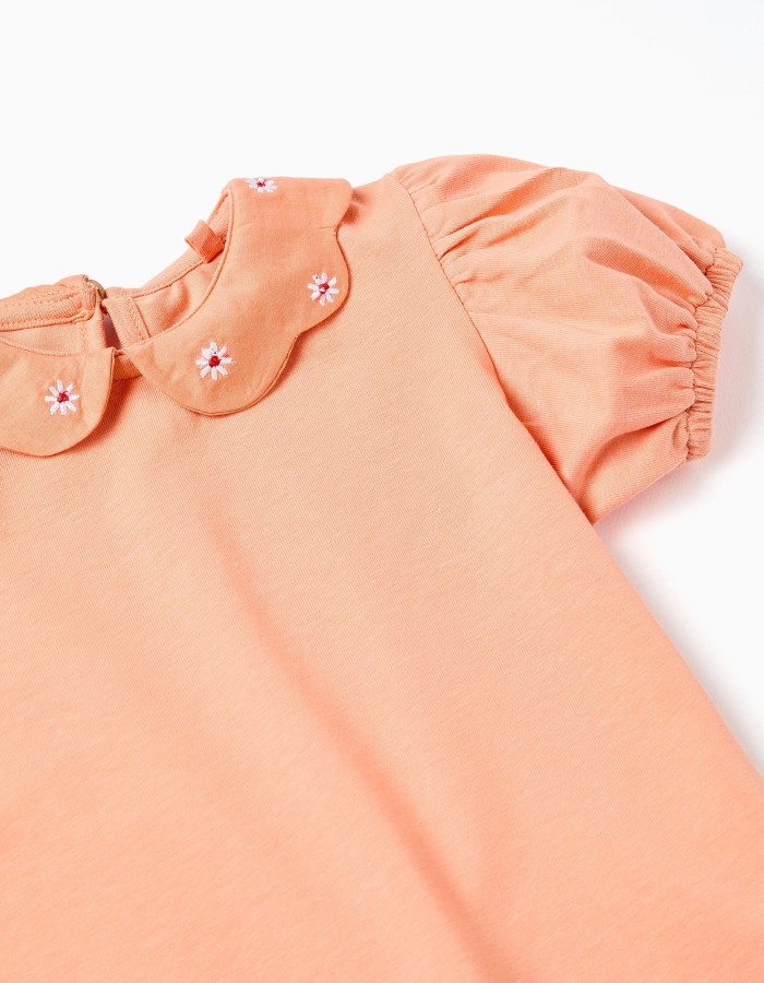 Cotton T-shirt with embroidered flowers for baby girls, salmon orange