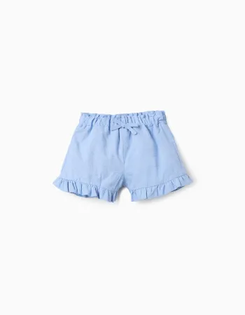Cotton shorts with embroidery and ruffles for baby girls, light blue