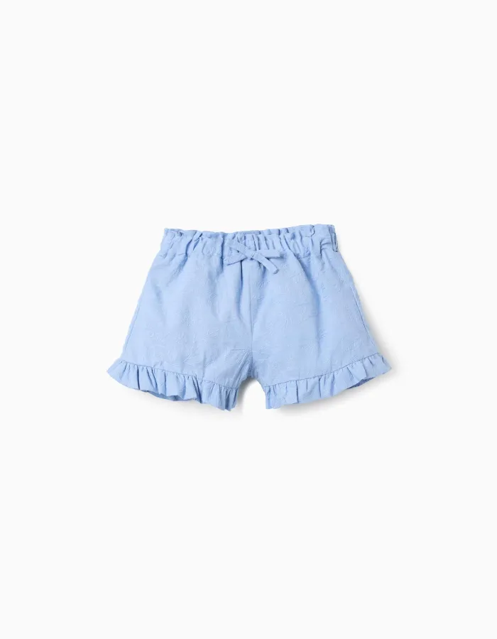 Cotton shorts with embroidery and ruffles for baby girls, light blue