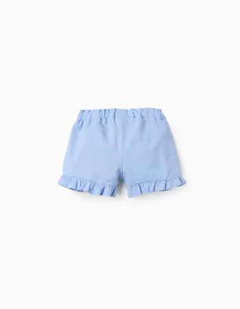 Cotton shorts with embroidery and ruffles for baby girls, light blue