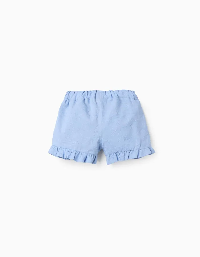 Cotton shorts with embroidery and ruffles for baby girls, light blue