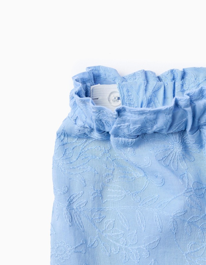 Cotton shorts with embroidery and ruffles for baby girls, light blue