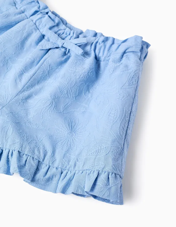 Cotton shorts with embroidery and ruffles for baby girls, light blue