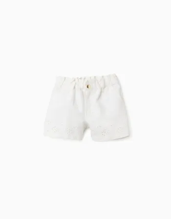 Twill shorts with broderie anglaise for baby girls, light beige