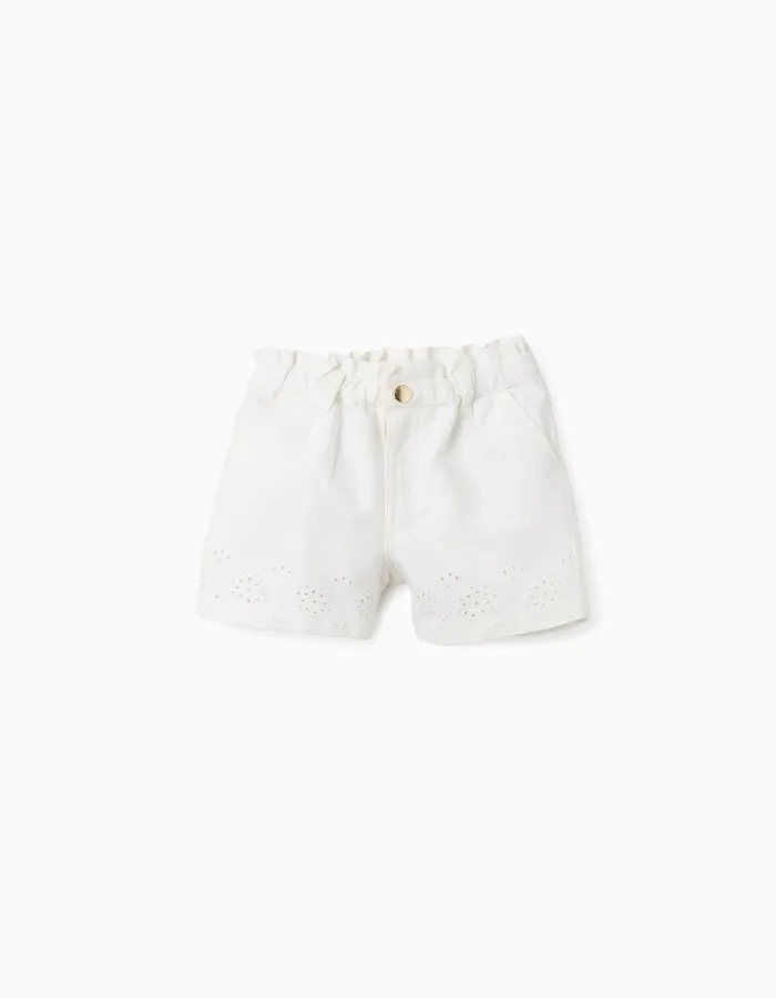 Twill shorts with broderie anglaise for baby girls, light beige