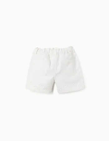 Twill shorts with broderie anglaise for baby girls, light beige