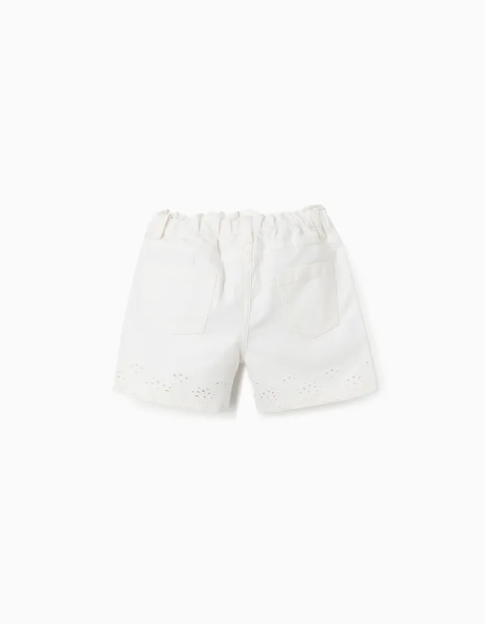 Twill shorts with broderie anglaise for baby girls, light beige
