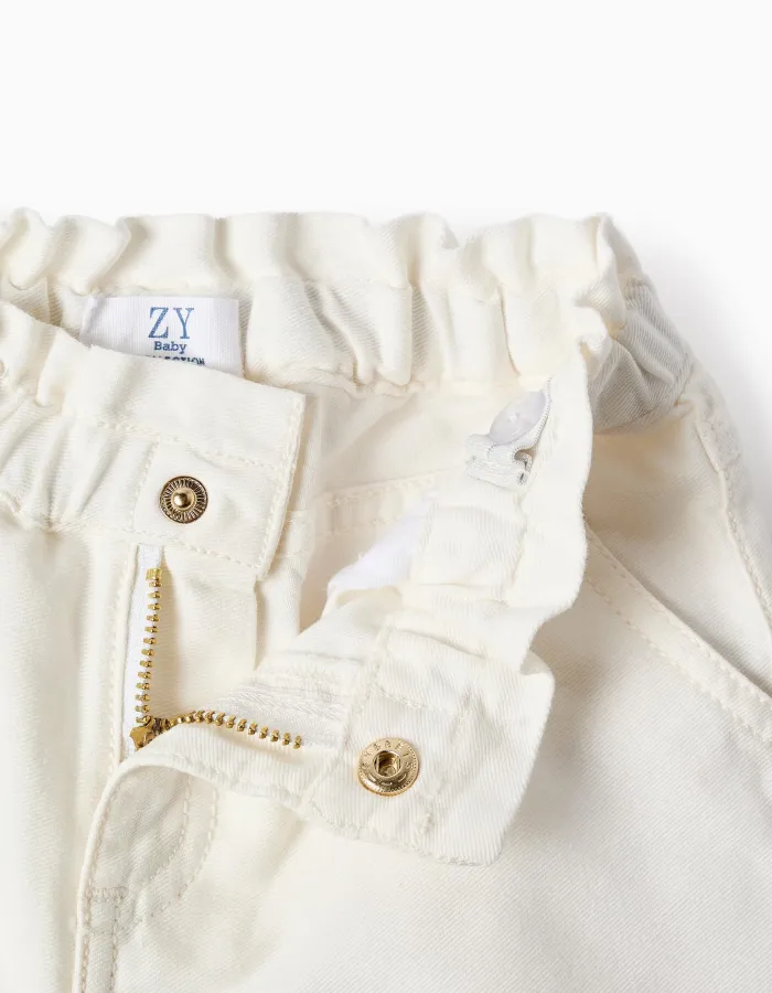 Twill shorts with broderie anglaise for baby girls, light beige