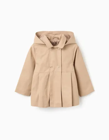 Parka with pleats and removable hood for baby girls, beige