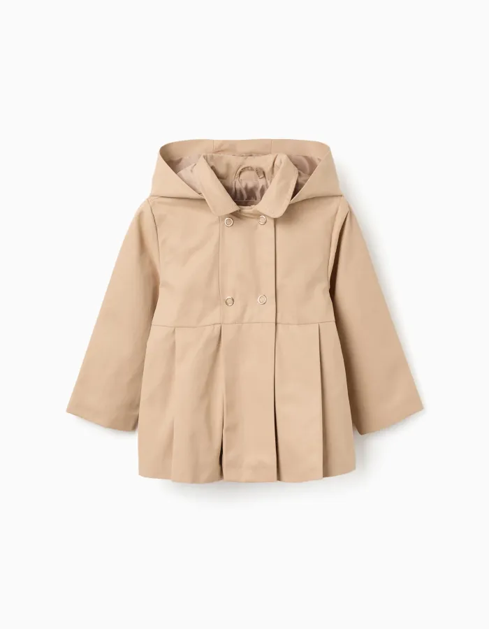 Parka with pleats and removable hood for baby girls, beige