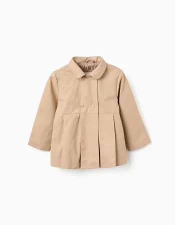 Parka with pleats and removable hood for baby girls, beige