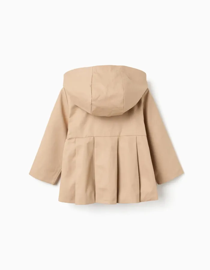 Parka with pleats and removable hood for baby girls, beige