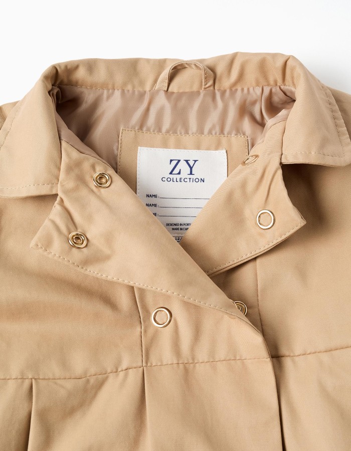 Parka with pleats and removable hood for baby girls, beige