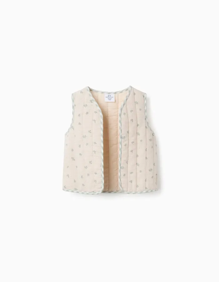 Padded cotton vest with floral motif B&S for baby girls, beige/green