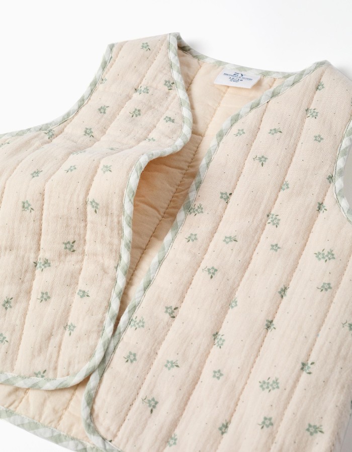 Padded cotton vest with floral motif B&S for baby girls, beige/green