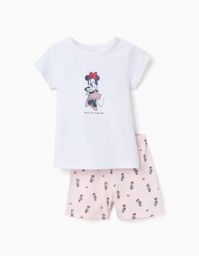 Short sleeve cotton pyjamas with Minnie for baby girls, white/pink