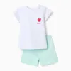 Short sleeve cotton pyjamas with heart print for baby girls, white/green