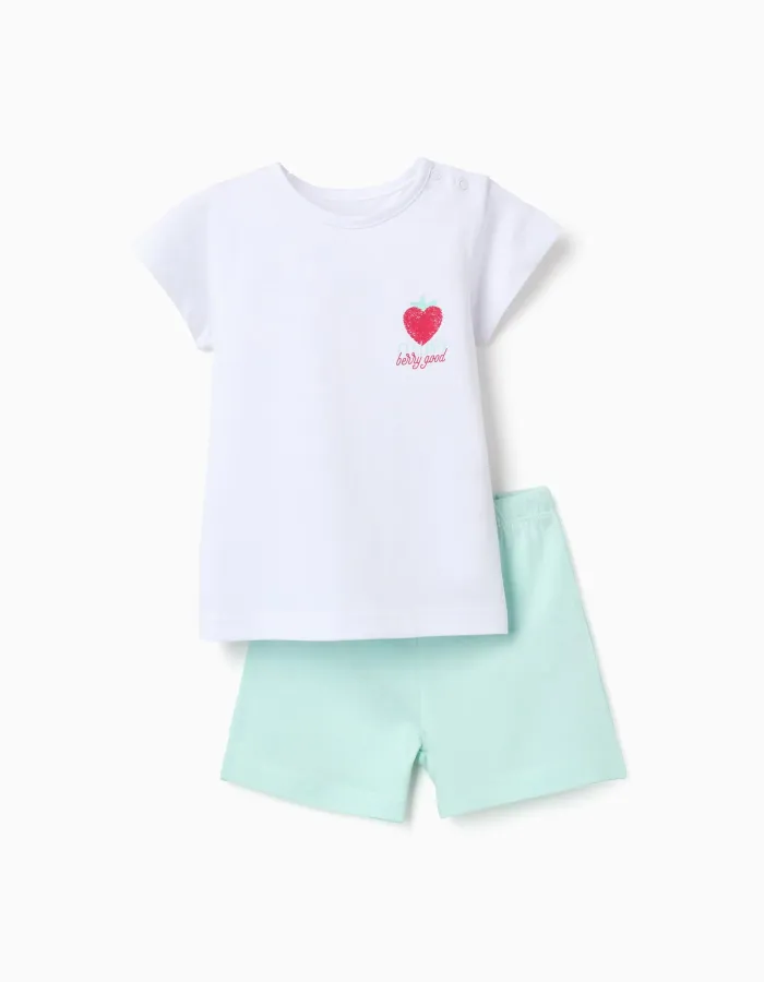 Short sleeve cotton pyjamas with heart print for baby girls, white/green