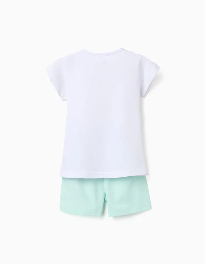 Short sleeve cotton pyjamas with heart print for baby girls, white/green