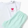 Short sleeve cotton pyjamas with heart print for baby girls, white/green