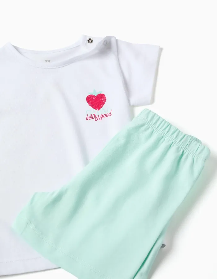 Short sleeve cotton pyjamas with heart print for baby girls, white/green